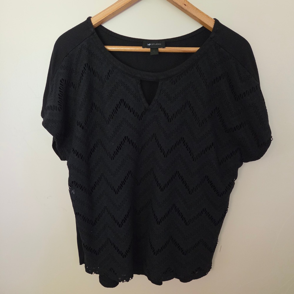 Black Crochet Zig Zag Knit Keyhole Neck Boho Top Blouse Whimsigoth XL